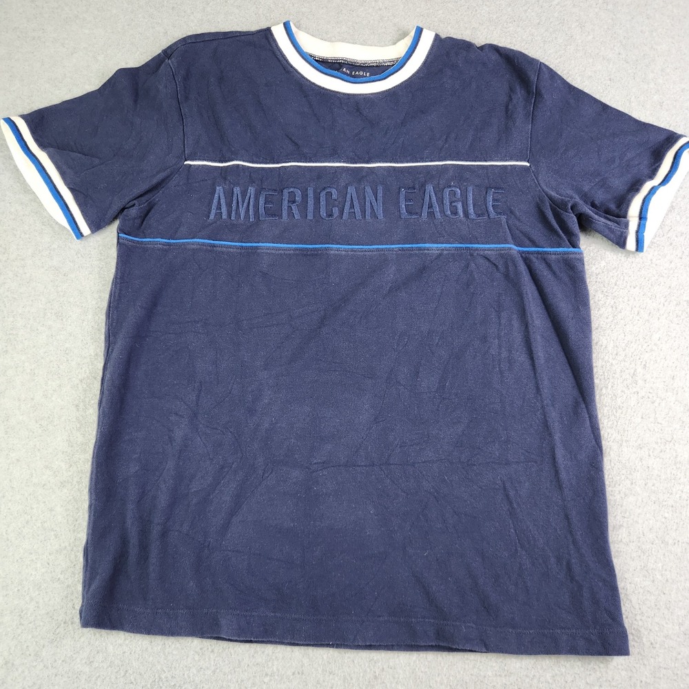 American Eagle T-Shirt Men Large Navy Blue Pique Standard Fit Spell Out Crewneck